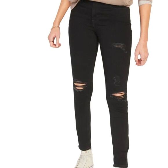 Old Navy Pop Icon Mid Rise Skinny jeans Black Distressed Women's Size 16 - Picture 1 of 4